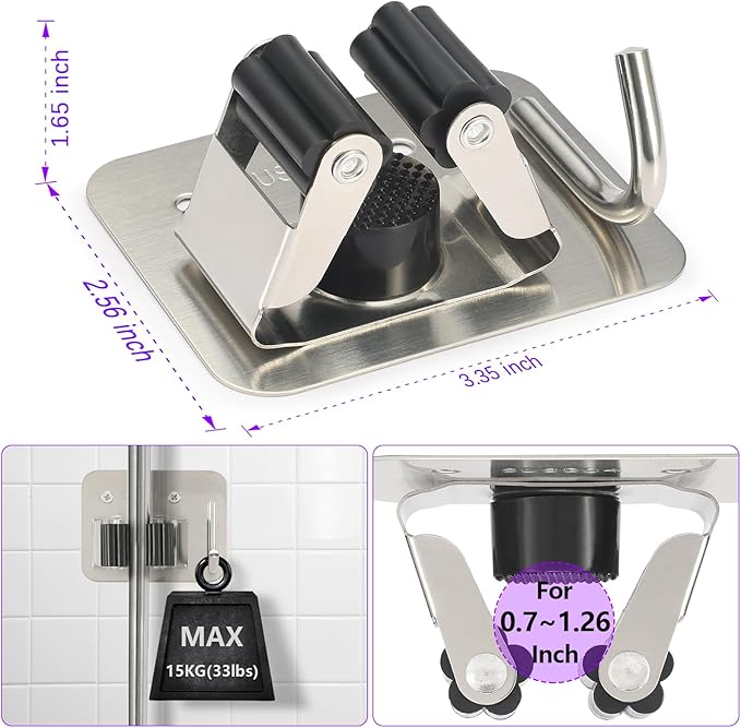 Broom Holder Wall Mount Screw Drilling, Sturdy Heavy Duty Stainless Steel Mop Gripper Rack Perforated, Perfect for Laundry Room Organizer, Fit with Laundry Kitchen Garage Garden Storage System