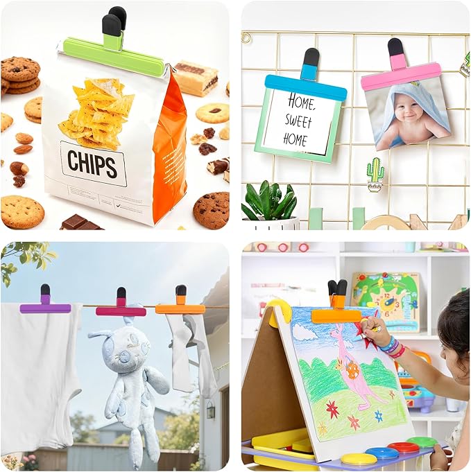 OWLKELA Chip Clip, 12 Pack Colors Wide Open Bag Clips for Food Storage, Heavy Duty Seal Grips Plastic Food Clips for Snack, Food Packages (6 inch x 3.4 inch)