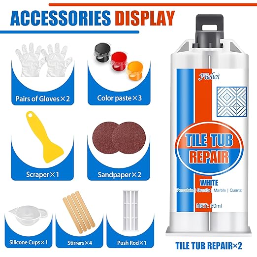 Tile Repair Kit, Ceramic Tile Chip Repair Kit, Porcelain Repair Kit for Ceramic, Tub, Acrylic, Fiberglass, Quartz, Marble and More, Tile Chip Repair Filler for Filling Dents, Cracks, Holes, Scratches