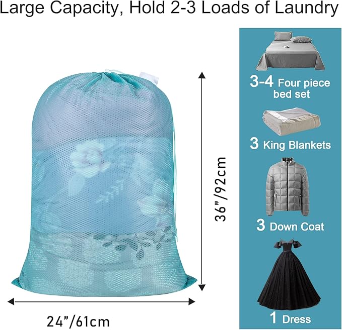 Polecasa Heavy Duty Large Mesh Laundry Bags with ID Tag and Locking Drawstring Closure - 2 Pack, 24 x 36 inches - Laundry Hamper Liner, Washable Laundry Bag for Travel, Sports, Dorms (Aqua)