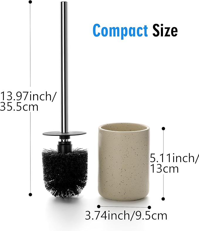 Ceramic Toilet Brush & Holder Set - Freestanding Deep-Cleaning Toilet Bowl Cleaner Brush, Stainless Steel Handle, Small & Sturdy for Storage, Easy to Clean, Non-Scratching