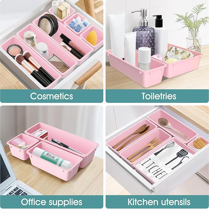 WOWBOX 25 PCS Plastic Drawer Organizer Set, 4 Sizes Desk Drawer Divider Organizers and Storage Bins for Makeup, Jewelry, Gadgets for Kitchen, Bedroom, Bathroom, Office, Pink