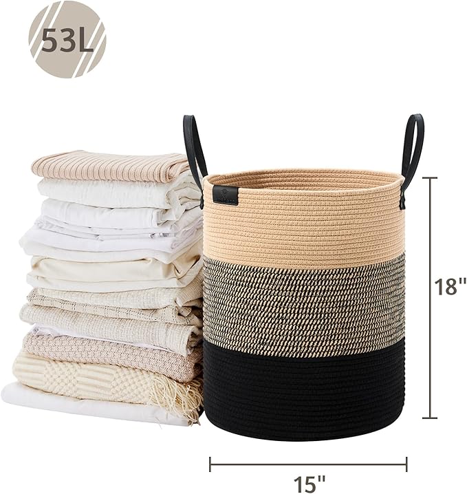 VIPOSCO Tall Laundry Basket, Large Dirty Clothes Hamper with Leather Handle, Woven Rope Storage Basket for Blanket, Toy In Living Room, Bathroom, Bedroom - 53L Brown & Black