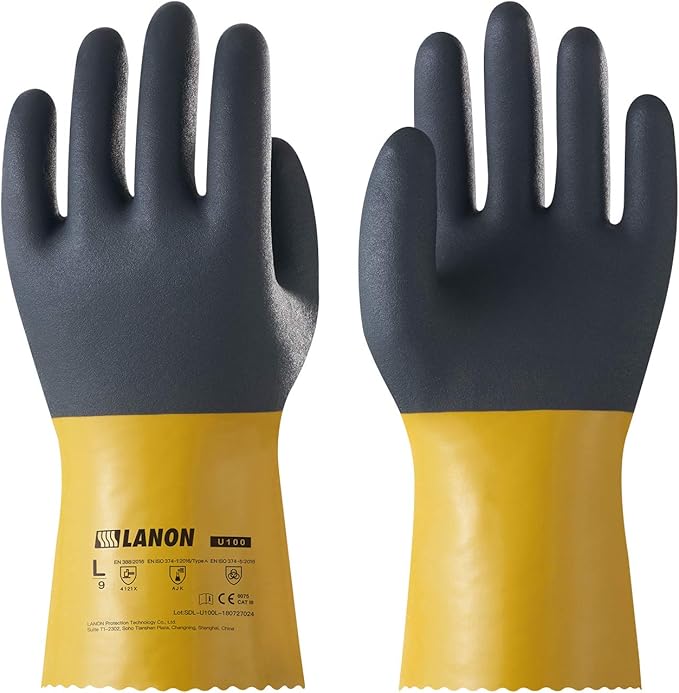 LANON PVC Chemical Gloves, Thick Rubber Work Gloves, Heavy-Duty, EN 374/388, Acid, Alkali and Oil, Non-Slip, XL