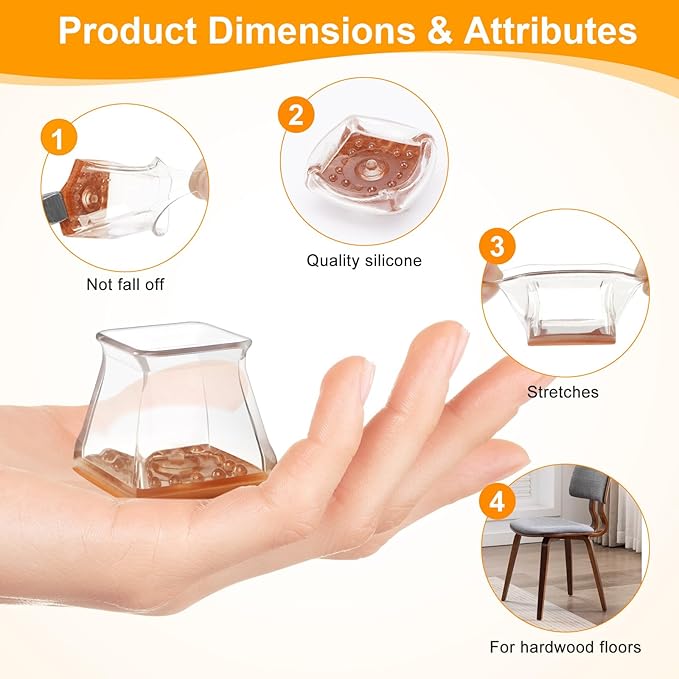 CHUNZEXI 32 Pack Square Chair Leg Floor Protectors for Hardwood Floors, Silicone Felt Covers Pads Caps, Protect Wood Furniture Feet Floors Noise Reduce and Scratch (Square Small & Clear)