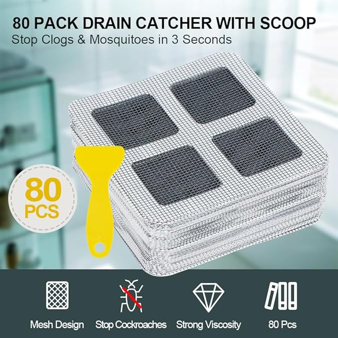 80PCS 4"x4" Disposable Hair Drain Stickers, Anti-Blocking Filter Screen Self-Adhesive Mesh Drain Covers for Bathroom, Bathtub, Sink, Kitchen, Laundry Room, Shower