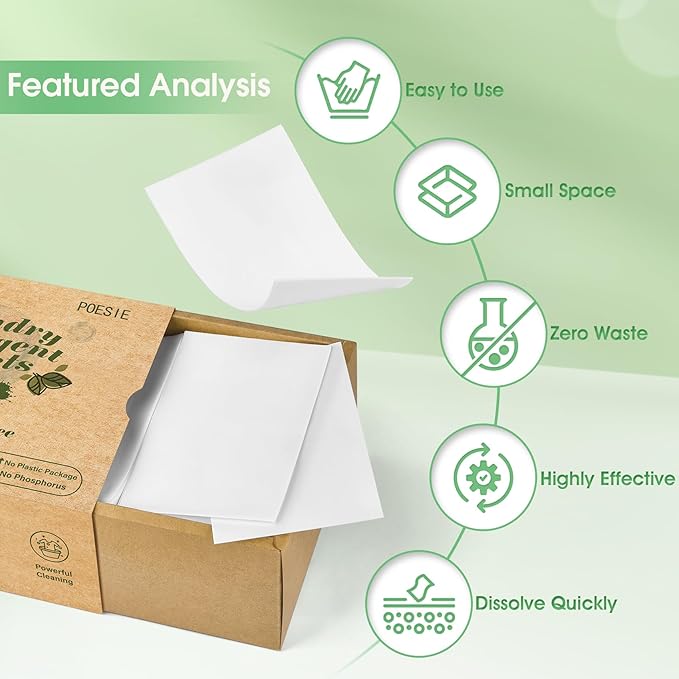 Poesie Laundry Detergent Sheets Fragrance Free Non-Plastic Precut Zero Waste 160 Count Liquidless Washing Strips for Home Dorm Travel Camping Hiking Portable