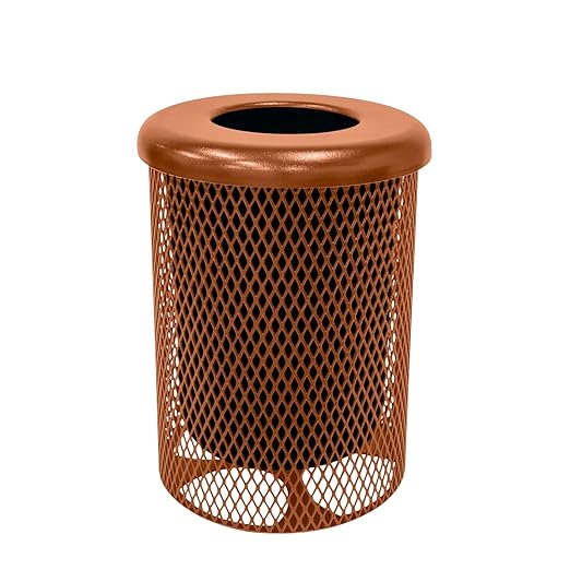 COATEDOUTDOORFURNITURE 32-Gallon Heavy-Duty Expanded Metal Round Trash Receptacle, Commercial Outdoor Waste Bin with Liner & Black Flat Top Lid – Made in America (Textured Copper)