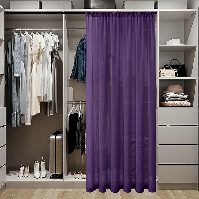 Tollpiz Sheer Door Curtains Closet Linen Textured Curtains Sheer Doorway Light Filtering Voile Rod French Door Pocket Curtain Patio Glass Door, 25 x 72 inches Long, Royal Purple, Set of 1 Panel