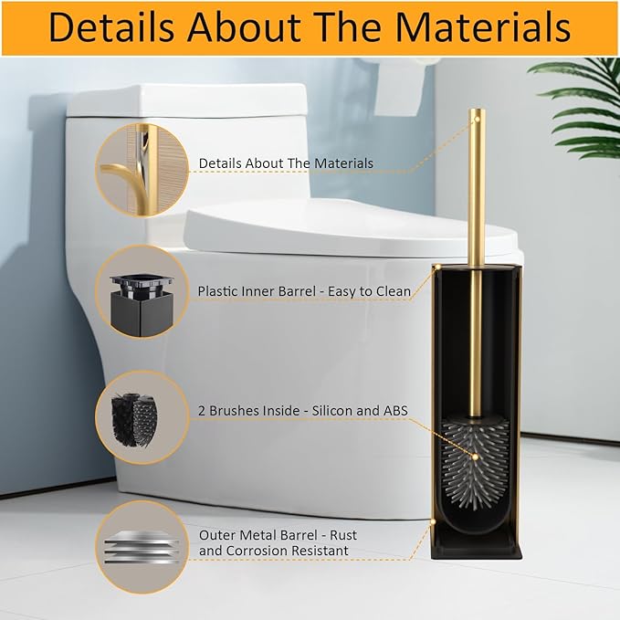 BGL Standing Toilet Brush and Holder Brushed Gold Aluminium Toilet Bowl Cleaner Brush and Holder for Bathroom Storage and Organization, Square Design Sturdy and Space Saving
