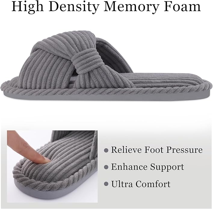 Evshine Summer House Slippers for Women Corduroy Cross Bow Indoor Slippers Open Toe Slip On Bedroom Shoes with Memory Foam