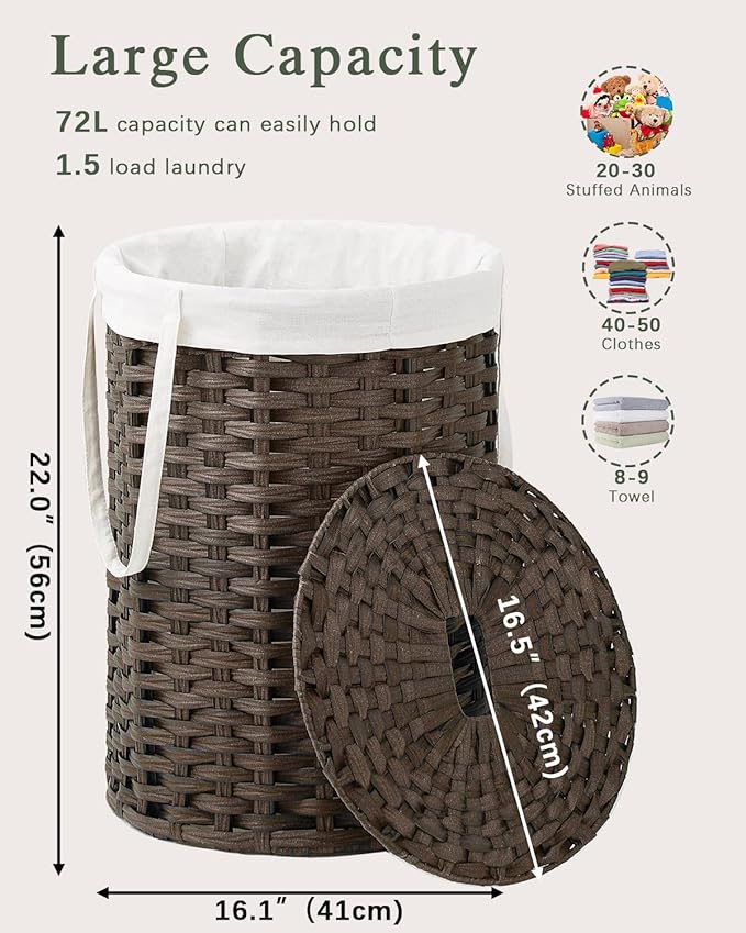 Laundry Hamper with Lid, 19.0 Gal (72 L) Round Wicker Laundry Basket, Handwoven Rattan Basket with Lid, Removable Bag, 2 Mesh Bags, Handles for Living Room, Bathroom, Brown