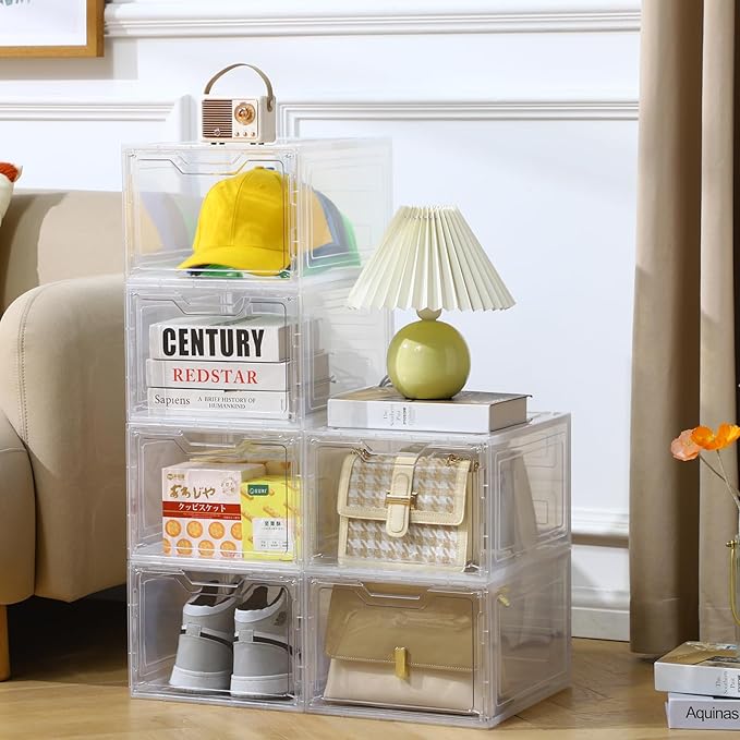 6 Pack Closet Organizers and Storage,Clear Stackable Plastic Storage Bins with Lids Magnetic Doors,Clothes Organizers and Storage,Plastic Craft Containers for Wardrobe Kitchen Bathroom Office