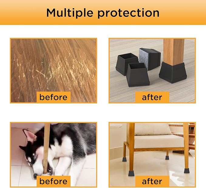 16 PCS Square Chair Leg Floor Protector, Silicone Chair Leg Cover, Furniture Leg Protectors with Felt, Mobile Table Leg pad, Protect The Floor from Scratches.1 in Black.