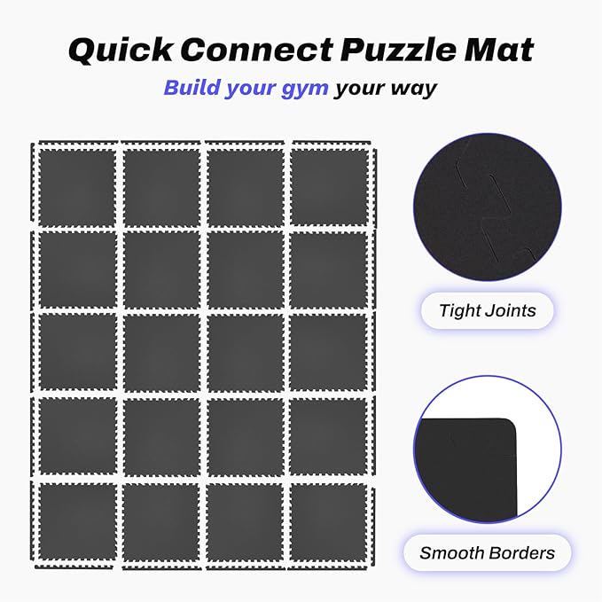 AIRHOP 0.56in Thick 96 Sq Ft Exercise Equipment Mats, 24 Tiles Upgraded Rubber Top with High Density EVA Foam, Large Interlocking Puzzle Gym Flooring for Home Gym, Heavy Weight Workout,Black