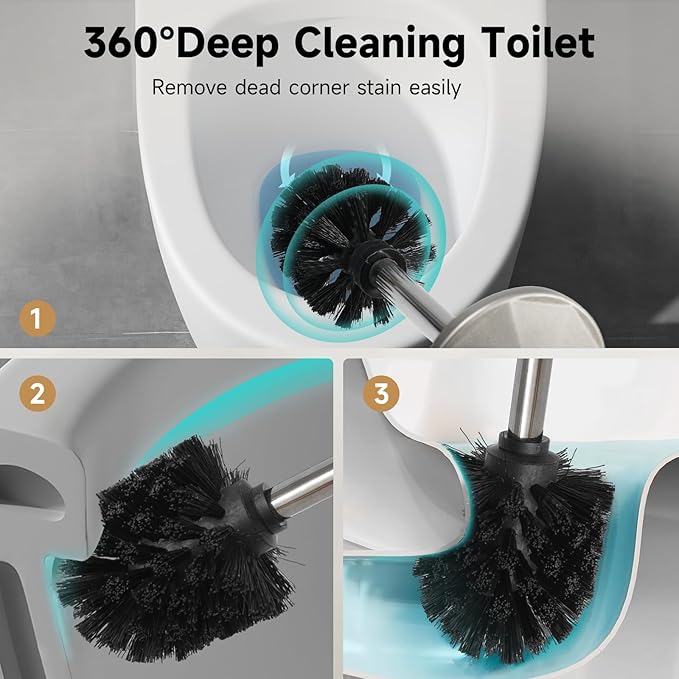 Stain Nickel Toilet Brush and Holder，Extra Long Handled Toilet Brush for Bathroom，Stainless Steel Heavy Duty Toilet Bowl Brush,Deep Cleaning Modern Toilet Cleaner Brush -Space Saving, Covered Brush