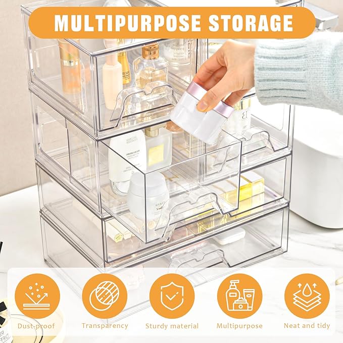 4 Pack Stackable Storage Drawers Clear Acrylic Organizer Bathroom Makeup Organizer and Storage for Beauty Supplies,Ideal for Vanity, Bathroom,Cabinet,Pantry Organization