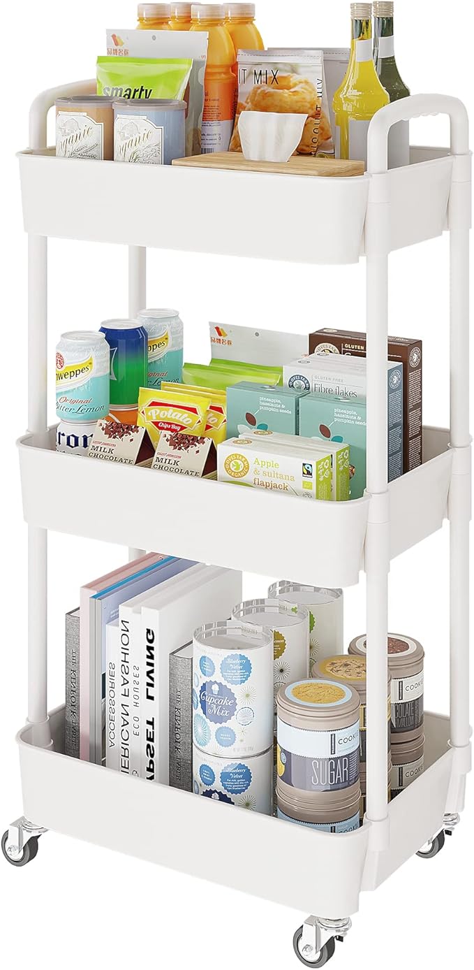 Laiensia 3-Tier Rolling Cart with Wheels,Multifunction Utility Storage carts, Kitchen Storage Organizer,Mobile Shelving Unit for Bathroom,Laundry,with Classified Stickers,White