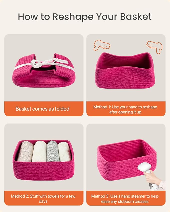 Small Woven Basket, 12 x 8 x 4.5 Inches, Storage Basket for Organizing, Cute Small Rope Shelf Closet Cube Storage Bins Baskets for Shelves, Dog Toy Gift Baskets Empty, 3 Packs, Hot Pink