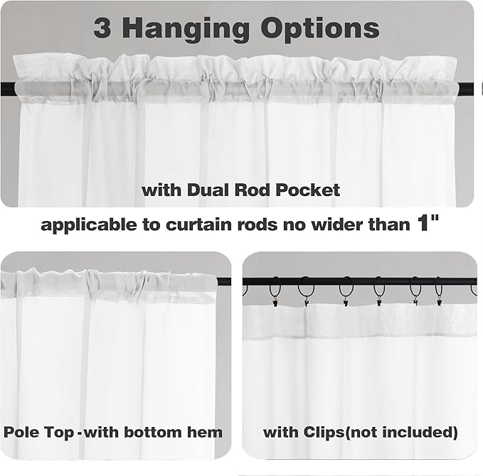 Chyhomenyc Sheer White Valances for Windows 2 Pack, Small Window Curtains for Living Room Bathroom Cafe Laundry Basement, Modern Top Dual Rod Pocket Voile Curtain, 42W x 14L inches, White