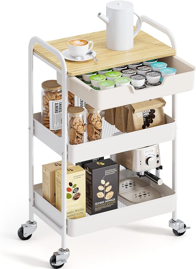 TOOLF 3-Tier Metal Utility Rolling Cart with Drawer and Wooden Table Top, Storage Cart White Trolley Kitchen Organizer Rolling Desk with Locking Wheels for Office, Classroom, Home, Bedroom