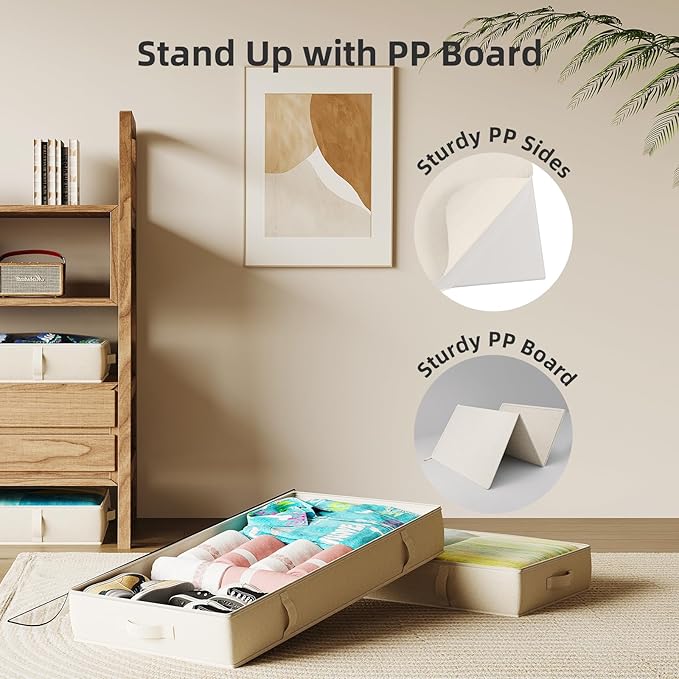 2-Pack Under Bed Storage, 6 Inches Tall Closet Organizers and Storage Bins with Sturdy Sidewalls/Bottom/4 Handles, Beige