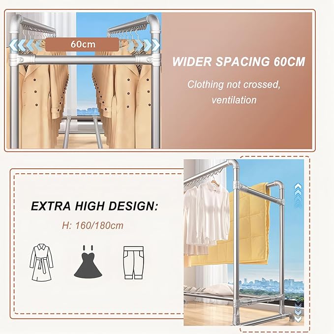 Clothes Drying Rack with Windproof Hooks, 78.7 inch Adjustable Heavy Duty Laundry Drying Rack, Free Standing Metal Clothes Rack, for Indoor Outdoor