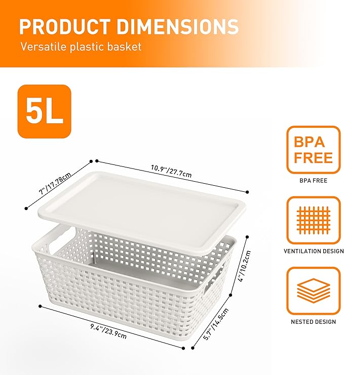 Plastic Storage Baskets With Lid, Storage Bins for Organizing, Stackable Decorative Containers for Shelves Drawers Desktop Closet Playroom Classroom Office, 8 Pack-White