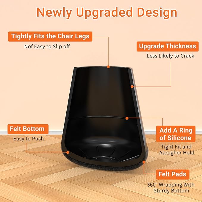 Chair Leg Floor Protectors Medium 24Pcs,Silicone Chair Leg Protectors for Hardwood Floors/Tiles,360°Wrapped Felt Bottom to Prevent Scratch and Reduce Noise, Round Black