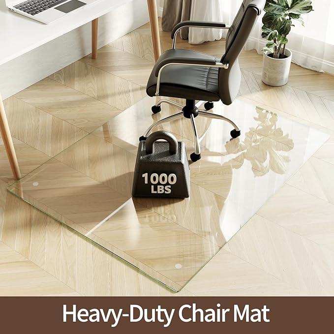 Koonmi Tempered Glass Chair Mat 44"x58" - Premium Office Chair Mat for Hardwood Floors & Low-Pile Carpet with 4 Non-Slip Pads - Thick Scratch-Resistant Surface