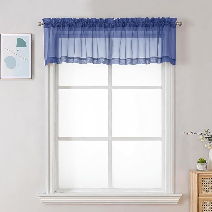 Chyhomenyc Sheer Valances for Windows 2 Pack, Small Window Curtains for Living Room Bathroom Cafe Laundry Basement, Modern Top Dual Rod Pocket Voile Curtain, 42W x 18L inches, Royal Blue