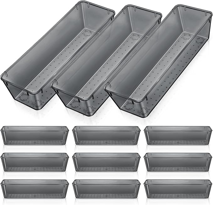 Maitys 12 Pcs Vanity Drawer Organizer 9 x 3 x 2 Inches Clear Plastic Utensil Organizers Kitchen Drawers Dividers for Office Desk Silverware Kitchen Utensils Cosmetics and Bathrooms(Black)