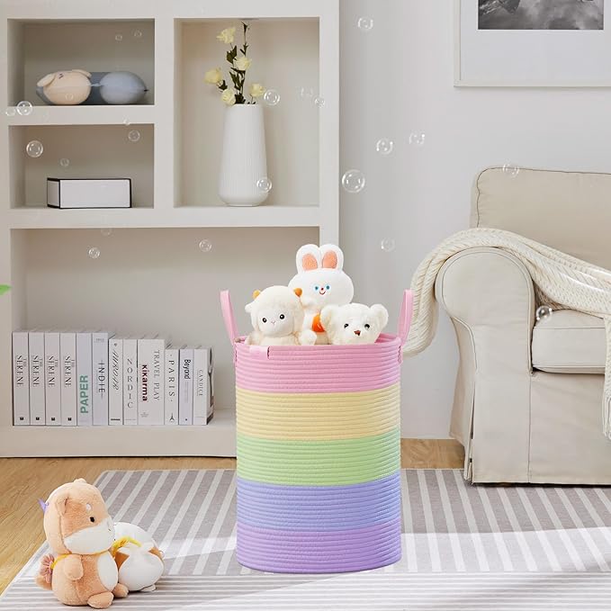 VIPOSCO Tall Laundry Basket, Large Dirty Clothes Hamper with Leather Handle, Woven Rope Storage Basket for Blanket, Toy In Living Room, Bathroom, Bedroom - 58L Rainbow