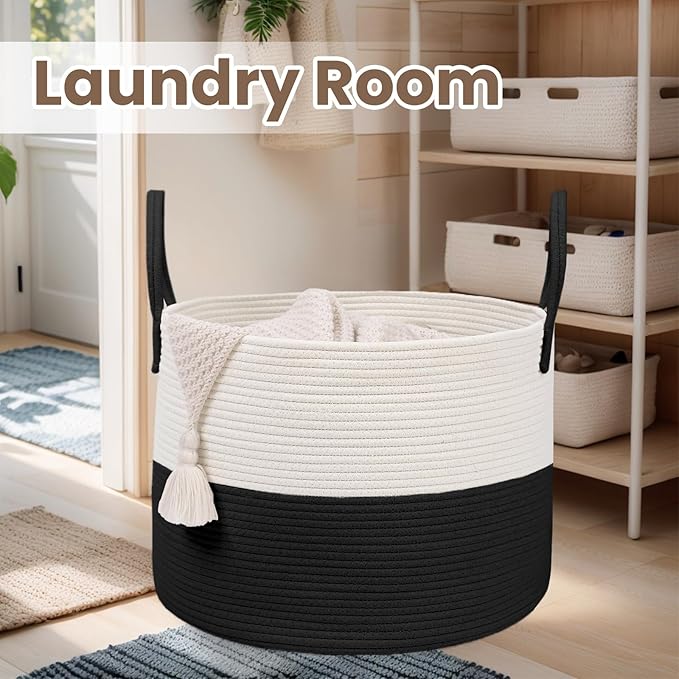 Woven Blanket Basket,115L Large Rope Storage Bin with Handles, Organizer for Blankets Toys Book and Clothes, Laundry Basket for Living Room Bedroom Nursery,White&Black