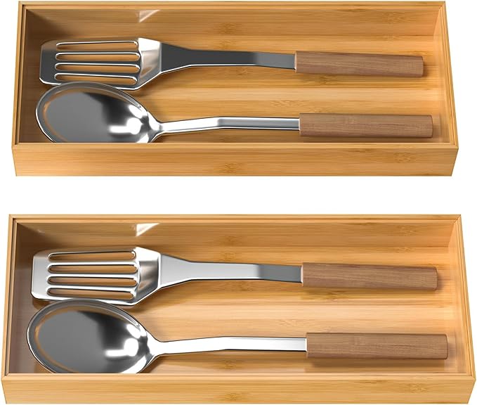 Bamboo Drawer Organizer, Stackable Utensil Organizer for Kitchen, Bamboo Storage Box Wood Silverware Tray for Drawer 15" x 6" x 2" Set of 2