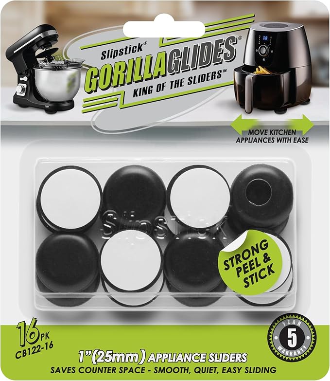 Slipstick GorillaGlides Kitchen Appliance Sliders (16 x 1” Round Glides) Self Adhesive Countertop Appliance Sliders Provide Easy Sliding and Saves Space on Counters