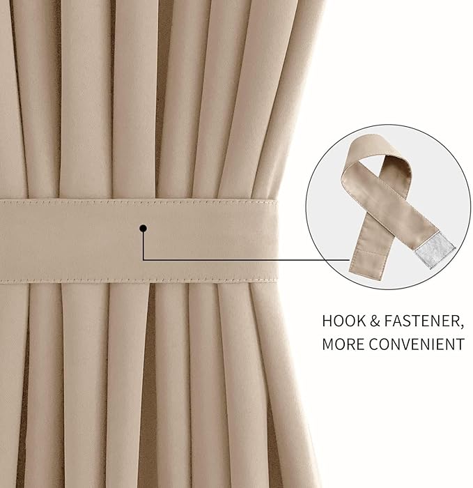 DWCN French Door Curtains – Rod Pocket Thermal Blackout Curtain for Doors with Glass Window, Kitchen and Patio Doors for Privacy, 54 X 80 Inches Long, 1 Curtain Panel with Tieback, Beige