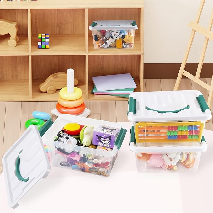 6 Quart Plastic Stackable Storage Latch Bins,Clear Latching Box with Handle and Lid,Pack of 6 (Green Handle)