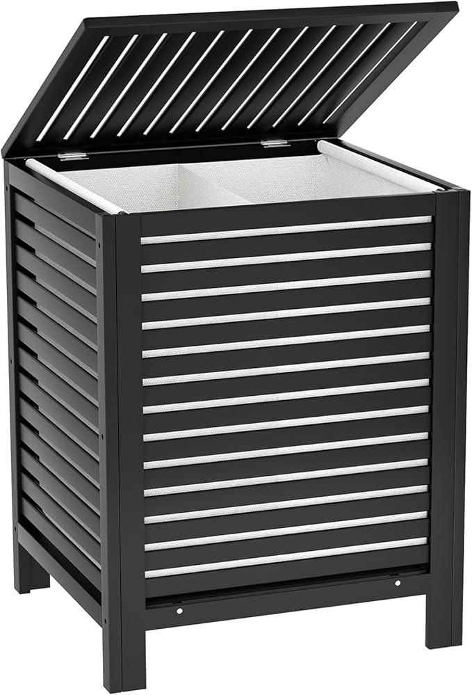 Homykic Bamboo Laundry Hamper with Lid, 120L Large Clothes Laundry Sorter with Removable 2-Section Liner Bag, Raised Laundry Basket Organizer for Clothing, Bathroom, Bedroom, Laundry Room, Black