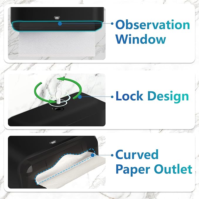 𝐏𝐚𝐩𝐞𝐫 𝐓𝐨𝐰𝐞𝐥 𝐃𝐢𝐬𝐩𝐞𝐧𝐬𝐞𝐫, Multifold/Trifold/C Fold Papers Dispenser, Bathroom Hand Towels Wall Mounted Tissue Holder, No-Drill Adhesive Commercial or Home Black