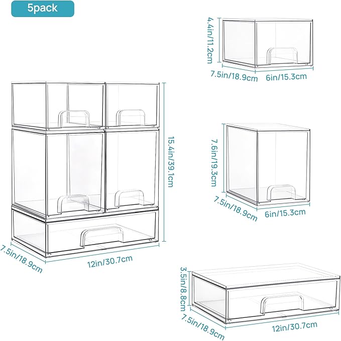 Vtopmart Stackable Storage Drawers Set of 8, Clear Plastic Organizer Bins for Bathroom Supplies,Ideal for Cabinet,Pantry,Laundry Room Organization