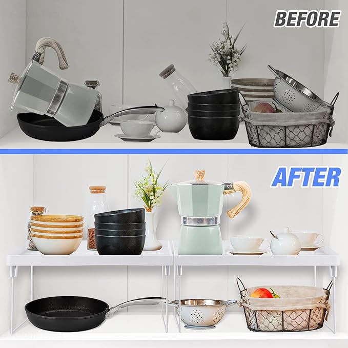 NiHome 4-Pack Stackable Plastic Kitchen Storage Shelf Foldable Rack - White Kitchen Cabinet Organizer and Storage Shelves Stackable Expandable Storage Racks for Counter Cabinet Pantry