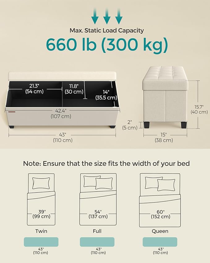 SONGMICS Storage Ottoman Bench, Foldable Foot Rest with Legs, 15 x 43 x 15.7 Inches, End of Bed Bench, Storage Chest, Load up to 660 lb, for Living Room, Bedroom, Entryway, Cream White ULSF018W01