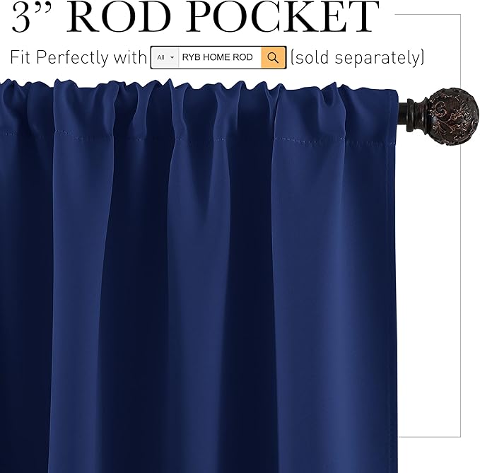 RYB HOME Short Curtains for Living Room Blackout Portable Blinds Shades for Bedroom Bathroom Basement Garage RV Camper Windows, 34 inches Width x 36 inches Length, Marine Blue, 2 Pcs