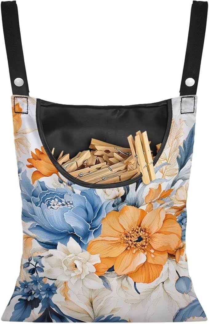 Art Flowers Clothespin Bag with Hanging Hook Summer Laundry Clothes Pin Holders Waterproof Clothes Pin Hanging Bag Clothespin Storage Organizer with Large Opening