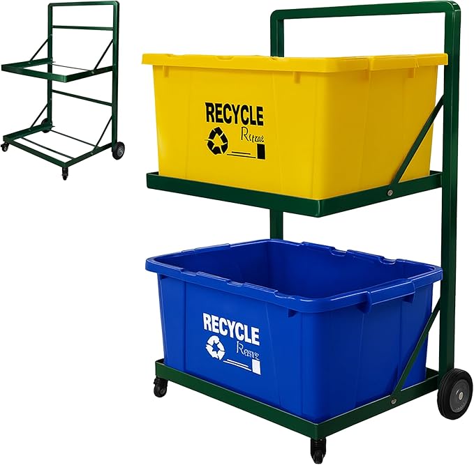 Recycling Cart,2-Tier Recycle Bin Cart with Wheels,Holds up to 140 Lbs,Rolling Utility Organizer for Garbage Sorting,Warehouse and Garage (Green)