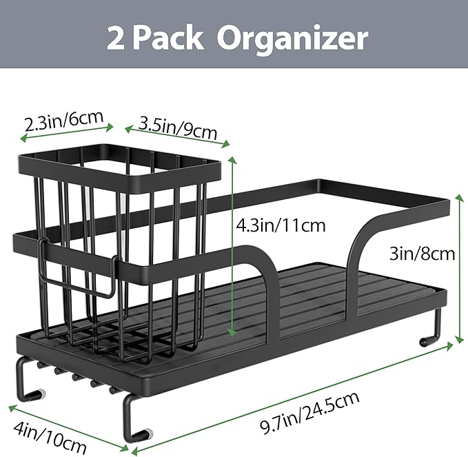 Sponge Holder for Kitchen Sink,Sink Caddy Organizers with Stone Drying Tray, Kitchen Sink Organizer for Sponges, Soap, 9.7" x 4.2"x 3.2" Home Decor Storage and Organization,2PCS Black