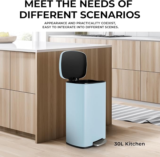 8 Gal Kitchen Trash Can, 30L Recycling or Garbage Bin, Brushed Stainless Steel Waste Basket, Soft&Quiet Close Dustbin, with Step-On Pedal, Removable Inner Bucket, for Home, Office, Living Room
