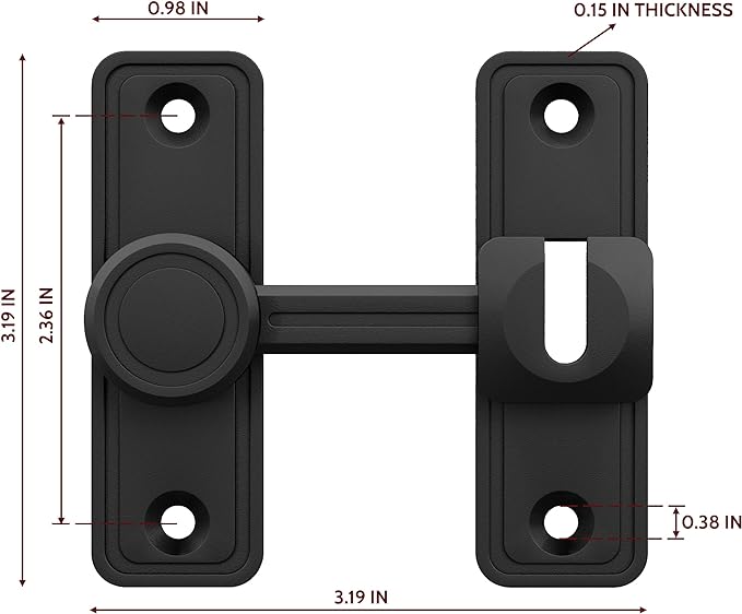 Barn Door Privacy Latch, 90°/180° Swing Slide Lock, Zinc-Alloy, Adhesive or Screw Mount, Interior Use for Bathroom/Bedroom/Closet/Shed, Includes Screws & Glue - Black