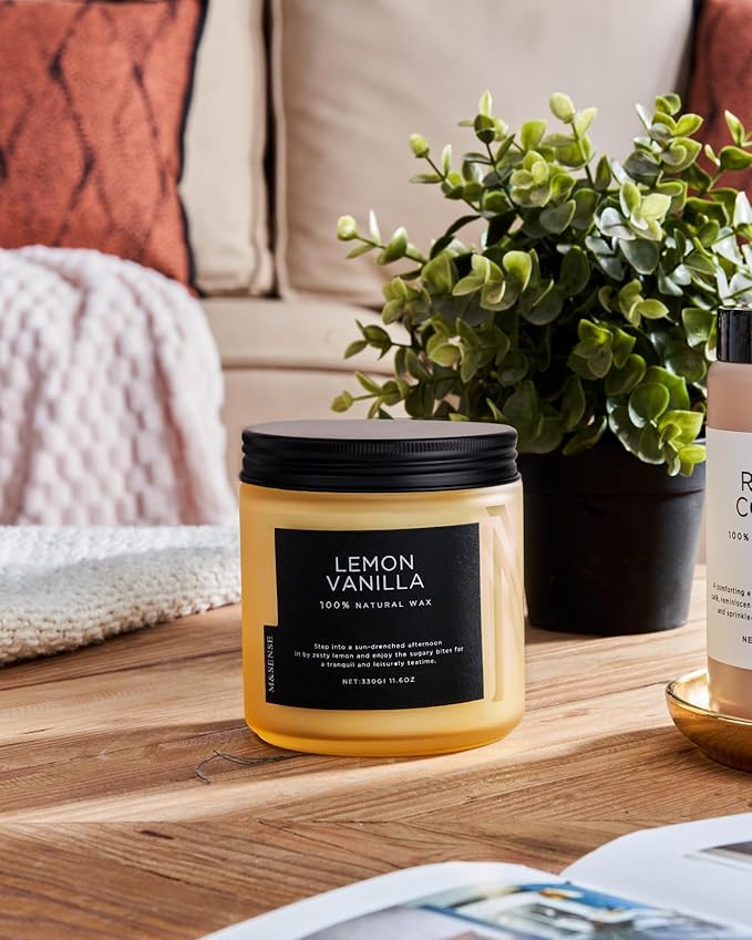 M&SENSE Candles Lemon Vanilla Scented, 11.6oz 70 Hour Long Lasting Candles for Home, 2 Wick Natural Soy Wax in Glass Jar, Stress Relief Gifts for Women and Men